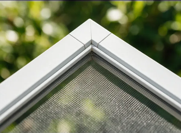 Detalle de malla de fibra en el marco de aluminio de una mosquitera de Parla